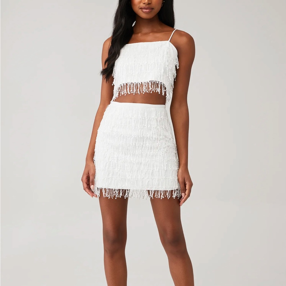 SAYLOR White Fringe Mini Skirt Set